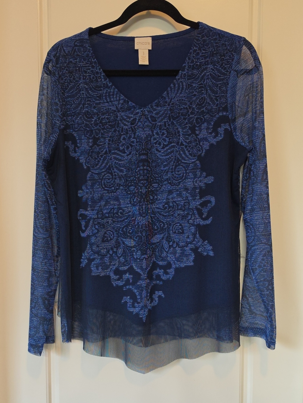 Chico's Blue V-Neck Long Sleeve Sheer Overlay Top - Small